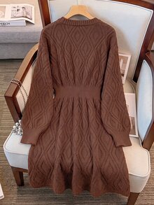 GlowEve CURVE Plus Size V-Neck Lantern Sleeve A-Line Thick Knit Dress With Button Rope Detail, Solid Color Winter Knit Dress - Coffee Brown - View 2