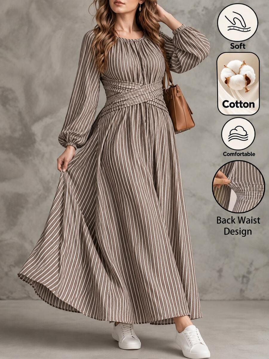 Linhara CURVE Plus Size Women's Autumn/Winter Casual Minimalist Waist Design Cinched Waist Striped A-Line Long Sleeve Versatile Long Dress For Home, Outings And Commuting - Multicolor - View 1
