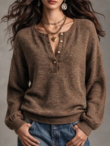 Ceyna Plus Size Women's French Casual Autumn Knit Sweatshirt, Small Ruffle Collar, Button Placket Decor, Loose Fit, Soft, Korean Minimalist Style, Suitable For Home, Shopping And Multiple Occasions, Women's Sweatshirt - Coffee Brown - View 3