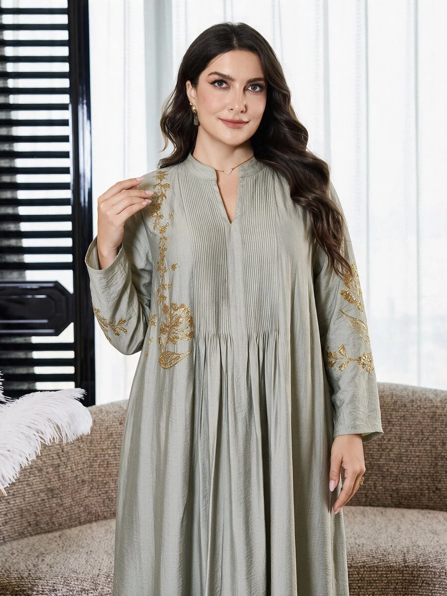 Al Najma Plus Size Women Floral Embroidered Notch V-Neck Pleated Design Long Sleeve Arabian Dress - Green - View 1