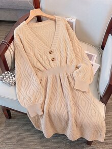 GlowEve CURVE Plus Size V-Neck Lantern Sleeve A-Line Thick Knit Dress With Button Rope Detail, Solid Color Winter Knit Dress - Apricot - View 4