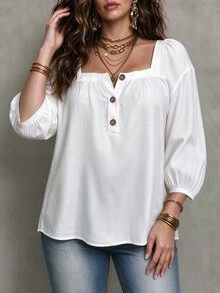 Linhara CURVE Plus Size Women Square Neck Petal Sleeve Blouse, Half-Button Textured Loose White Shirt Fall - White - View 4