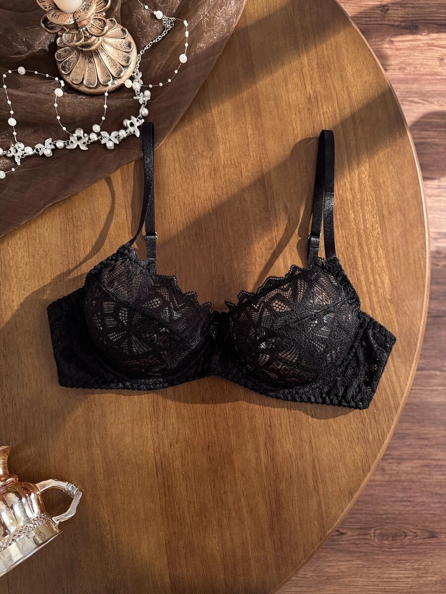 Divavoom Black Geometric Lace See Through Underwire Bra, V-Neck Scalloped Trim Adjustable Strap Women Unlined Lingerie Bra - Black - View 1