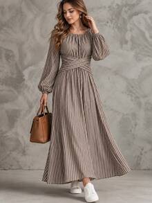 Linhara CURVE Plus Size Women's Autumn/Winter Casual Minimalist Waist Design Cinched Waist Striped A-Line Long Sleeve Versatile Long Dress For Home, Outings And Commuting - Multicolor - View 6