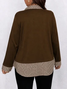 SHEIN Clasi CURVE 大尺碼女款秋冬時尚休閒寬鬆舒適日常基礎極簡格紋拼接翻領長袖襯衫 - 棕色 - 查看 2