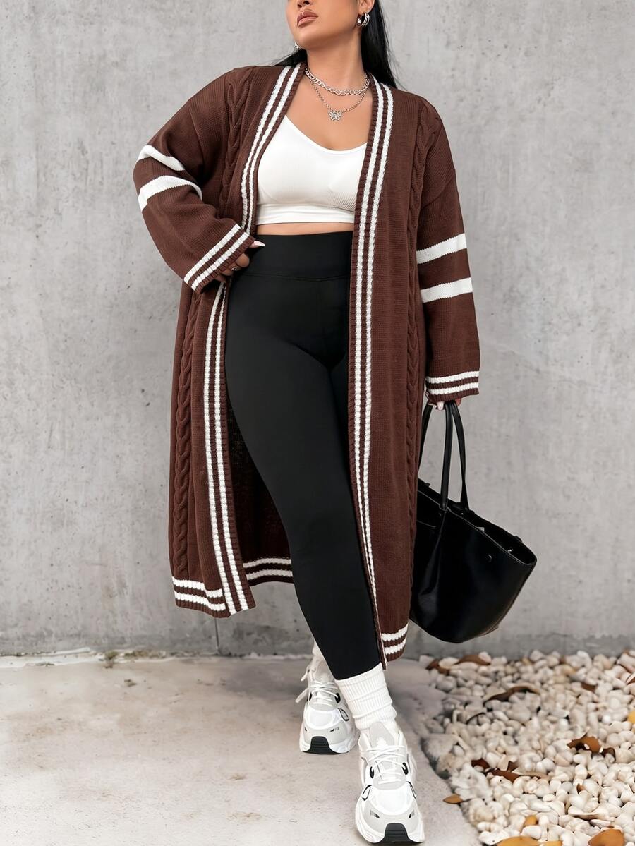 Elenzga Plus Size Casual Colorblock Striped Long Cardigan, Autumn/Winter Fall Cloth For Women - Coffee Brown - View 1