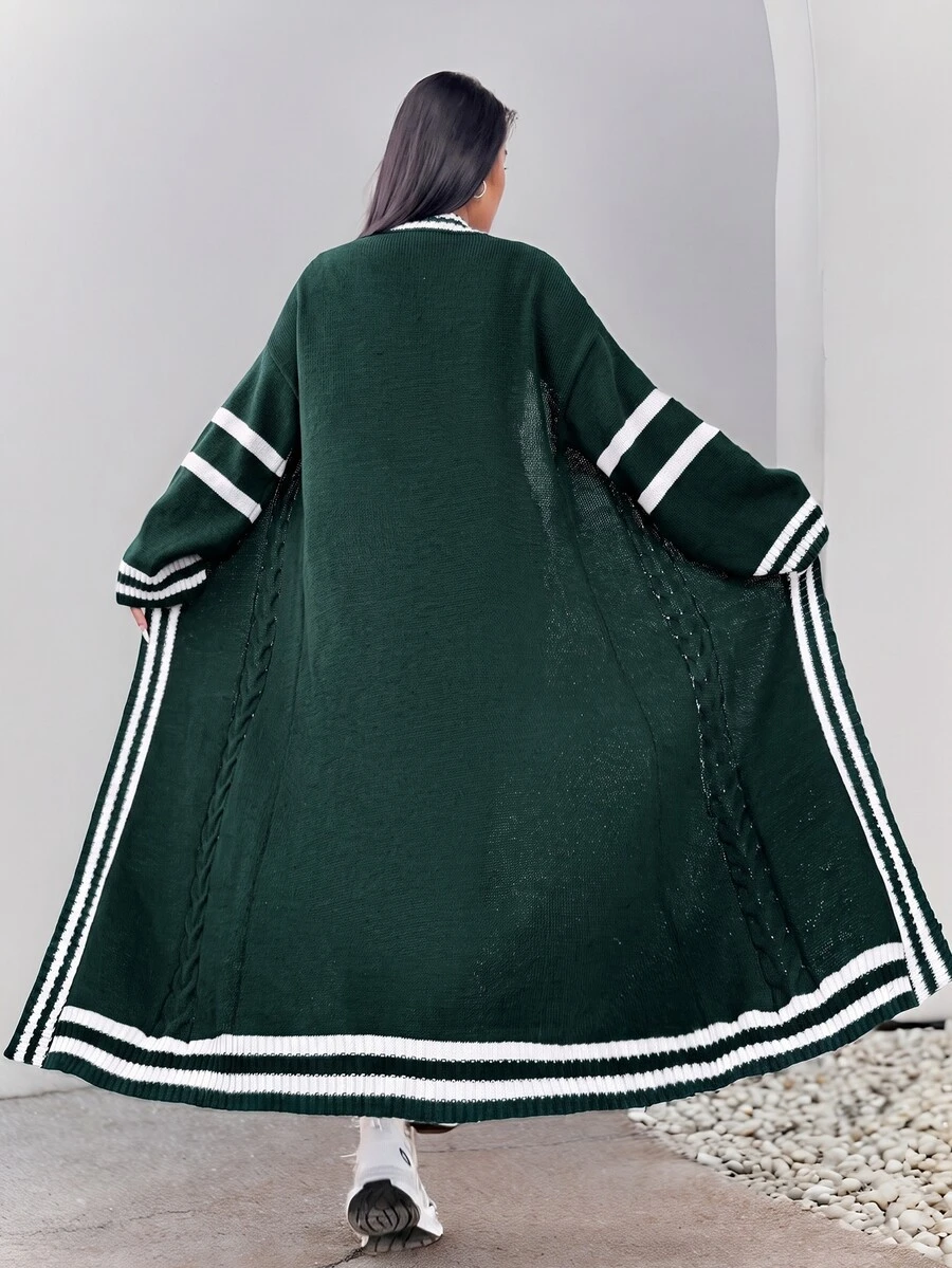 Elenzga Plus Size Casual Colorblock Striped Long Cardigan, Autumn/Winter Fall Cloth For Women - Green - View 1