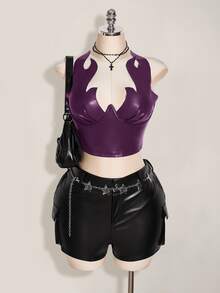 SHEIN ICON 大尺碼女款火焰圖案領口修身時尚無袖短版性感上衣 秋季 - 紫色 - 查看 7