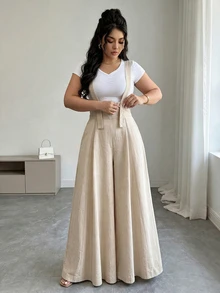 SHEIN Elenzya Women's High-Waisted Suspender Wide-Leg Jumpsuit, Featuring A Linen-Textured Fabric, Button-Adorned Straps, And A Relaxed Flared Pant Silhouette. This - Apricot - View 8