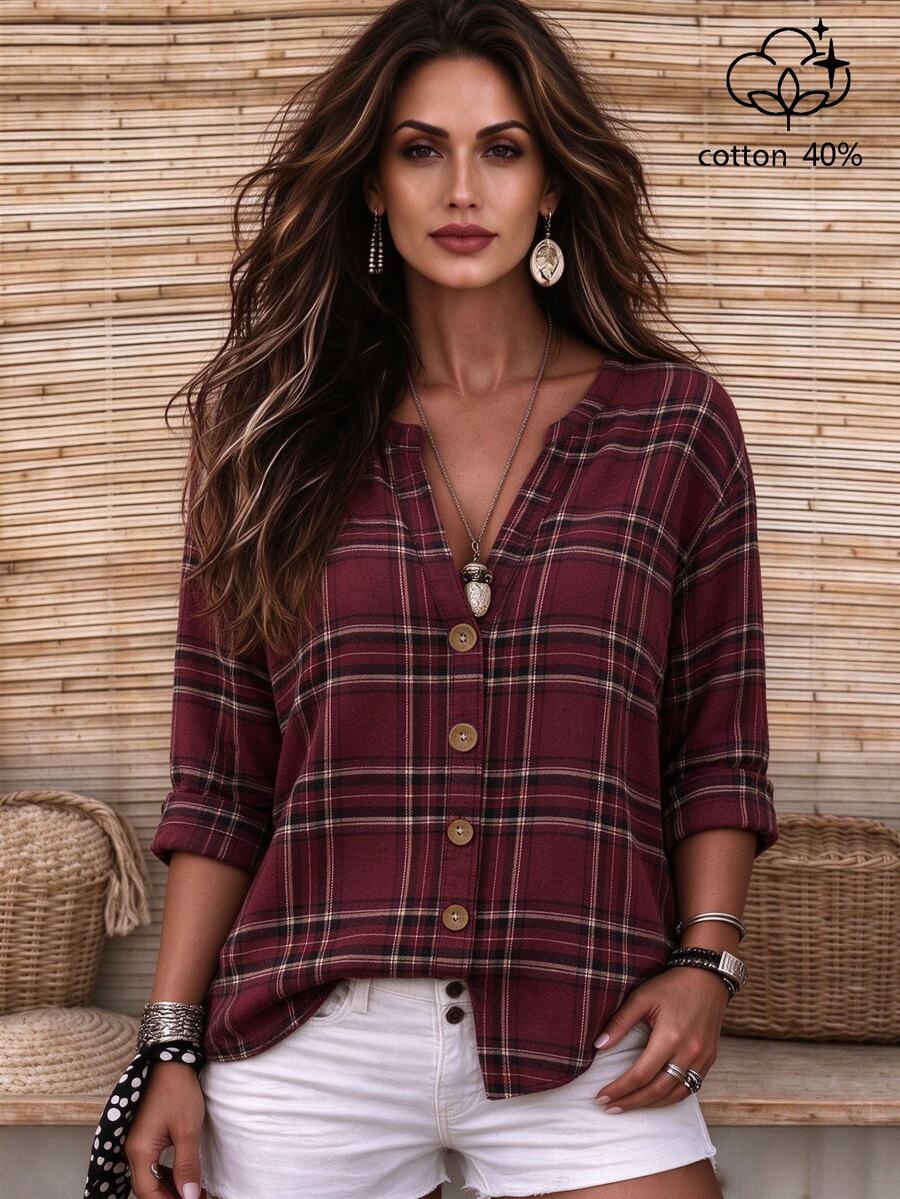Linhara CURVE Plus Size Woven Checkered Casual Autumn Women's Shirt - Red - View 1