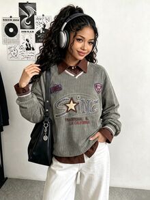 SHEIN 青少年女孩長袖抓絨秋季衣物 海軍藍套頭運動衫，休閒秋季返校 2 合 1 襯衫領運動衫 - 藍色 - 查看 3
