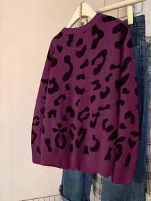 SHEIN LUNE Plus Size Leopard Print Knit Cardigan Fall Winter Cloth For Women Autumn - Multicolor - View 3