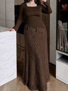 Modelyn 大尺碼女款棕色3D花卉蕾絲拼接洋裝，方領長袖優雅禮服，適合婚禮賓客、聖誕正式派對 - 棕色 - 查看 4