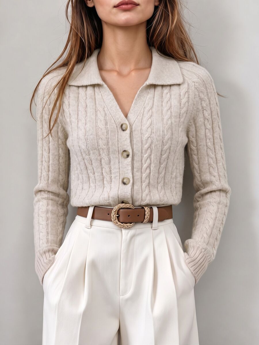 SHEIN LUNE Vintage Cable Knit Cardigan Sweater For Women, V-Neck Open Front, Slim Fit Long Sleeve Base Layer Top, Soft Autumn/Winter Style - Apricot - View 1