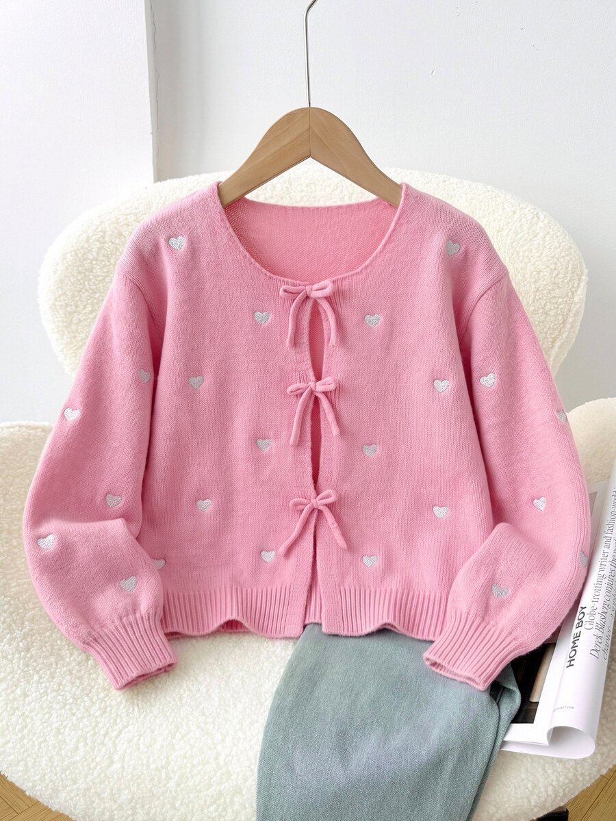 SHEIN 少女寬鬆休閒簡約舒適圓領長袖蝴蝶結波點開襟衫,返校季,秋冬童裝 - 粉色 - 查看 1