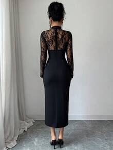 SHEIN PETITE Fashion Women's Lace Long Sleeve Patchwork Waist-Cinched High Slit Fitted Bodycon Dress - Black - View 2
