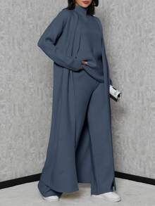 EURMUSE High Neck Knit Top And Knit Pants And Cardigan - Blue - View 3