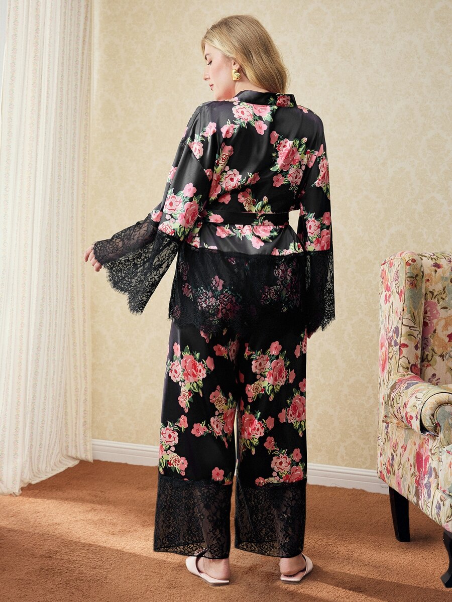 Elorette 2pcs Satin Coquette Babydoll Lace Patchwork Waist-Flattering Deep V-Neck Full Floral Print Romantic Elegant Plus Size Sleepwear Set - Black - View 1
