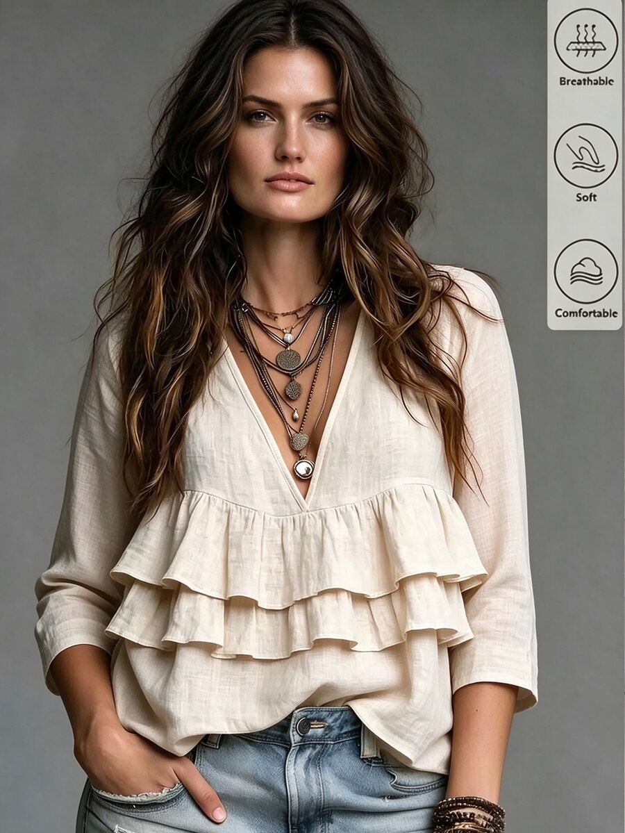 Linhara CURVE Plus Size Women Solid Color V-Neck Pleated Casual Daily Wear Blouse - Apricot - View 1
