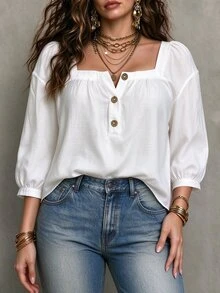 Linhara CURVE Plus Size Women Square Neck Petal Sleeve Blouse, Half-Button Textured Loose White Shirt Fall - White - View 6