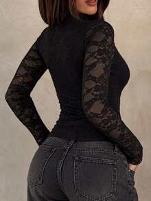 Easura Plus Size Women's Mock Neck Hollow Keyhole Lace Long Sleeve Top, Slim Fit Waist Ruffle Hem Base Layer, Sexy Style Casual Outing Date Wear Inner Shirt - Black - View 2