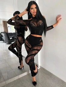 SHEIN Temptica Set 2 Potong Wanita, Atasan Pendek Jala Transparan dengan Potongan + Legging Jala Motif Geometris dengan Tali Pengikat - Hitam - View 1