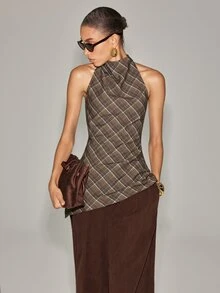 Anewsta Essential Women's Elegant Spaghetti Strap Sleeveless Asymmetrical Blouse In Coffee Brown Plaid, Suitable For Party, Casual, Sexy Halloween, Prom Outfits - Coffee Brown - View 6