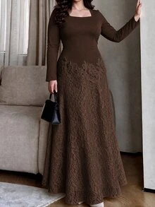 Modelyn 大尺碼女款棕色3D花卉蕾絲拼接洋裝，方領長袖優雅禮服，適合婚禮賓客、聖誕正式派對 - 棕色 - 查看 5