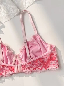 PetitDoll Women's Contrast Color Floral Lace Bra, V-Neck With Small Bow Decor, Adjustable Spaghetti Strap, Back Hook Closure, Sexy Push-Up Lingerie - Multicolor - View 4