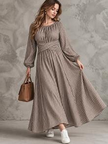 Linhara CURVE Plus Size Women's Autumn/Winter Casual Minimalist Waist Design Cinched Waist Striped A-Line Long Sleeve Versatile Long Dress For Home, Outings And Commuting - Multicolor - View 4