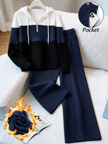 GlowEve CURVE Plus Size Women's Elegant Soft Form Contrast Color Ribbed Knit Brushed Fleece Sweatshirt Pants 2 Pieces Set Black Beige Autumn Airport Office Winter - Navy Blue - View 1