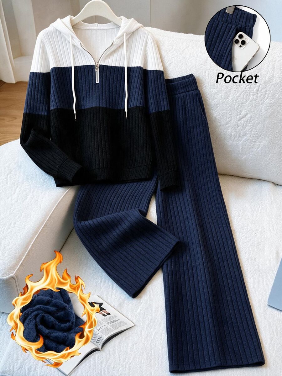 GlowEve CURVE Plus Size Women's Elegant Soft Form Contrast Color Ribbed Knit Brushed Fleece Sweatshirt Pants 2 Pieces Set Black Beige Autumn Airport Office Winter - Navy Blue - View 1