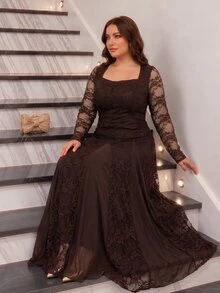 Modelyn Plus Size Women's Elegant Brown Sexy Lace A-Line Commuter Dress - Brown - View 3