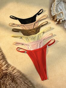 MidnightGlam 6pcs Women's Daily Panties, Shiny Glossy Diamond Buckle Sexy Fashion Thong - Multicolor - View 2