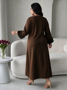 Al Najma Women's Wool Blend Patchwork Ribbed Trim Design Casual Daily Home Wear Plus Size Dress - Multicolor - View 2