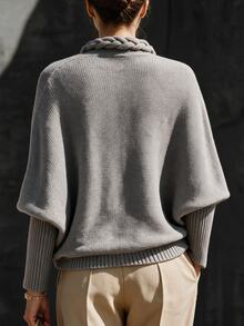 Breezaya Plus Size Women's Chunky Cable Knit Cardigan, Buttonless Open Front, Patchwork Ribbed Long Sleeve Knit Jacket, Chunky Knit Loose Batwing Sleeve Sweater, Niche Design, Slouchy, Flattering Silhouette, Casual Outerwear - Light Grey - View 2