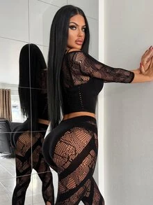 SHEIN Temptica Set 2 Potong Wanita, Atasan Pendek Jala Transparan dengan Potongan + Legging Jala Motif Geometris dengan Tali Pengikat - Hitam - View 2