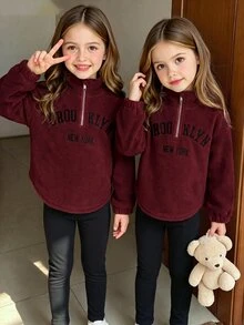 SHEIN Genkimix Kids 女童秋季新款抓絨刺繡字母半拉鍊高領長袖上衣，圓弧下擺，搭配刷毛黑色內搭褲套裝 - 酒紅色 - 查看 3