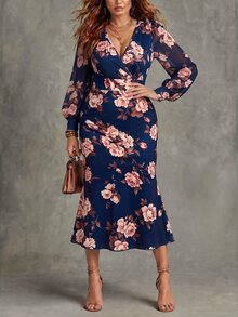 Linhara CURVE Plus Size Women's Autumn/Winter New Woven Vintage Floral Print Digital Deep V-Neck Flare Mid-Sleeve Side Ruched Waist Split Hem Ruffle Fishtail Long Fitted Evening Dress For Vacation, Date, Fashionable Versatile - Multicolor - View 1