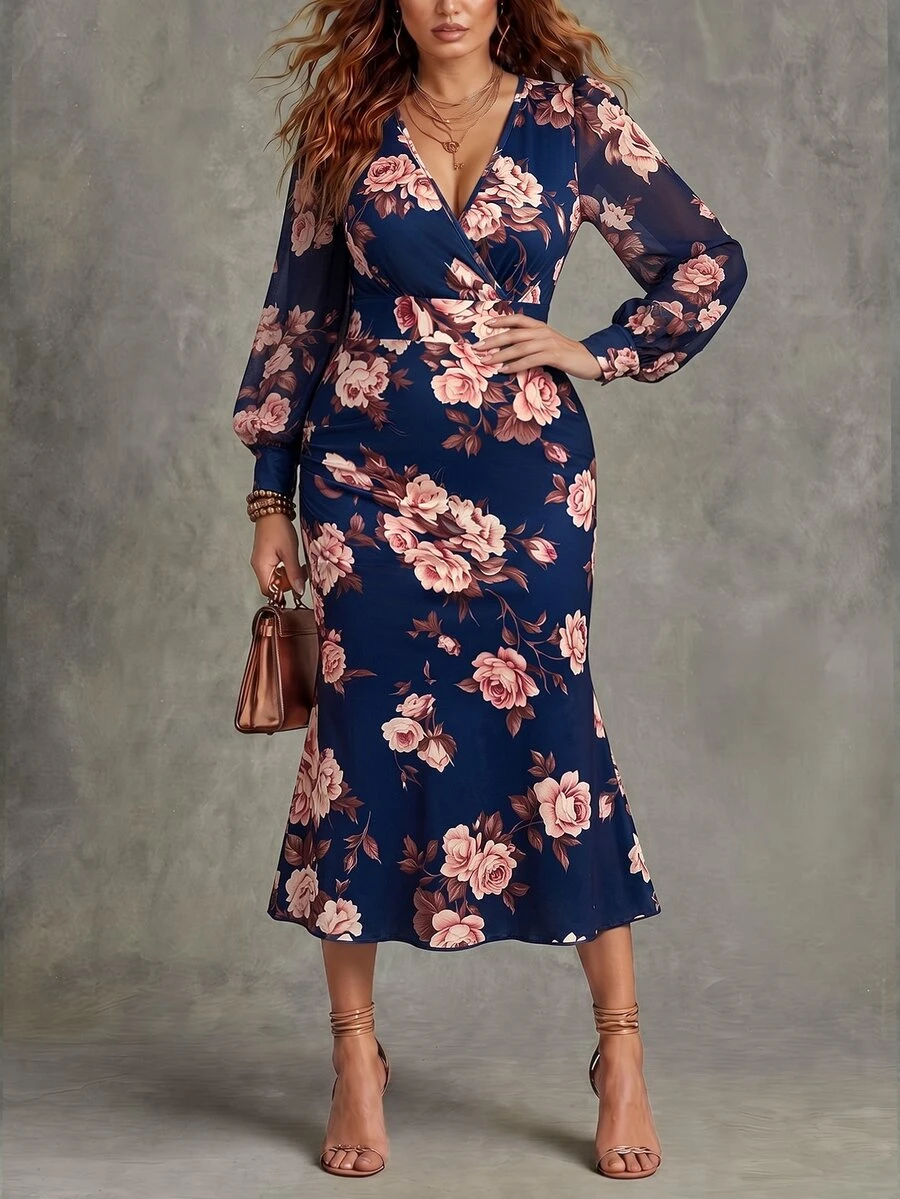 Linhara CURVE Plus Size Women's Autumn/Winter New Woven Vintage Floral Print Digital Deep V-Neck Flare Mid-Sleeve Side Ruched Waist Split Hem Ruffle Fishtail Long Fitted Evening Dress For Vacation, Date, Fashionable Versatile - Multicolor - View 1