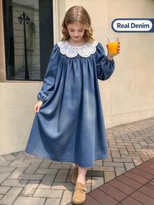 Girls' Big Collar Washed Denim Dress,Aqua Blue,Autumn,Preppy,School,Back-To-School Fashion Western Style Comfortable Clothes For Party And Vacation - Blue - View 1