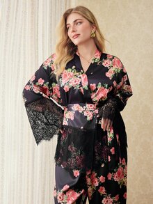 Elorette 2pcs Satin Coquette Babydoll Lace Patchwork Waist-Flattering Deep V-Neck Full Floral Print Romantic Elegant Plus Size Sleepwear Set - Black - View 2