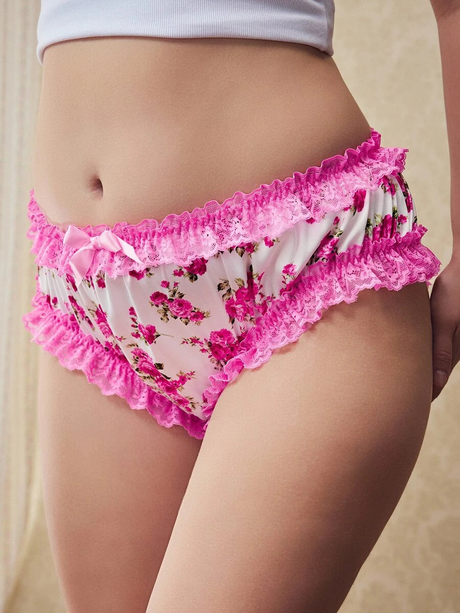 Elorette Pink Satin Kawaii Cute Coquette Babydoll Lolita Lace Patchwork Ruffle Bow Romantic Pastoral Plus Size Panties - Pink - View 1