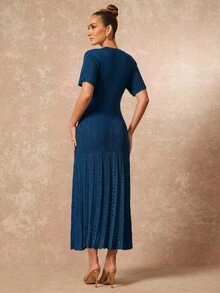 Lumalex 女款圓領短袖單排扣休閒杏色針織洋裝，適合日常外出、都市通勤、商務聚會與度假穿著 - 水鴨藍 - 查看 2