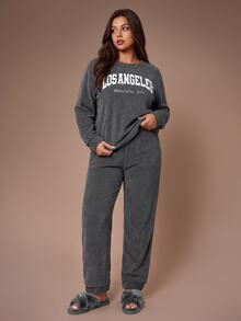 Lazeform Casual Plush Letter Print Crew Neck Long Sleeve Top And Long Pants Plus Size Pajama Set - Grey - View 1