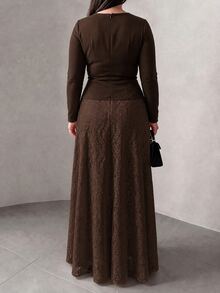 Modelyn 大尺碼女款棕色3D花卉蕾絲拼接洋裝，方領長袖優雅禮服，適合婚禮賓客、聖誕正式派對 - 棕色 - 查看 2