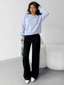 SHEIN 青少年女孩冬季寬鬆休閒條紋套頭毛衣，舒適百搭，厚實保暖秋冬針織毛衣 - 藍白色 - 查看 3