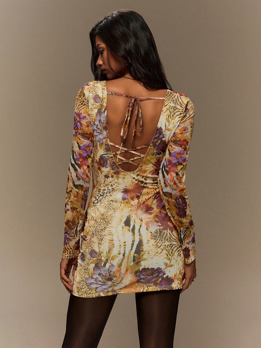 TypaGal Fall Winter Y2k Sexy Going Out Night Out Vacation Beige Party Elegant Halloween Luxury Rave Club Women's Floral Print Casual Daily Summer Short Dress - Multicolor - View 1