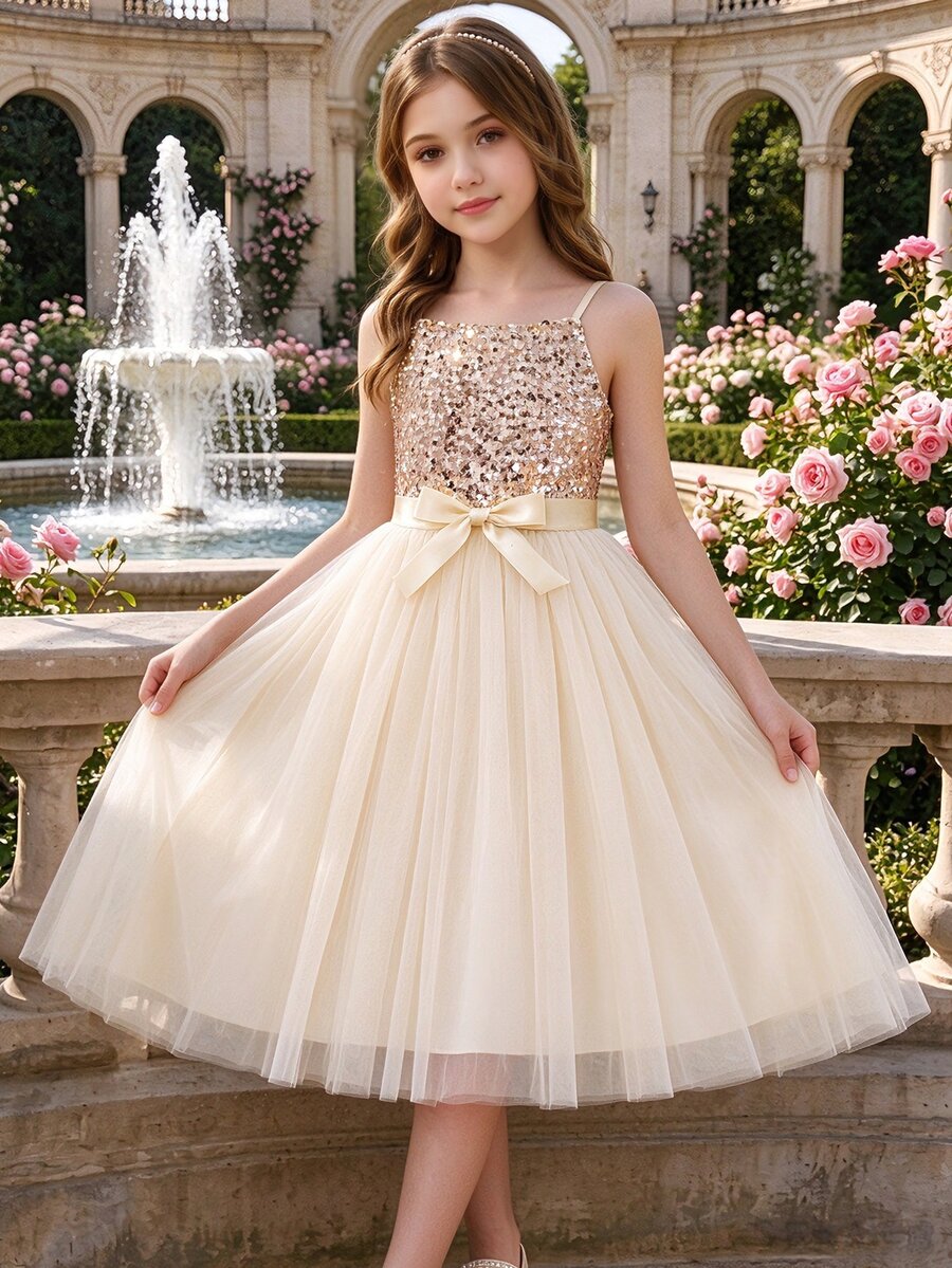 SHEIN Tween Girls Ruched 1pc Girls' Sleeveless Waist-Cinched Mid-Length Mini Dress, 3D Rose With Bow Belt, Graduation - Gold - View 1