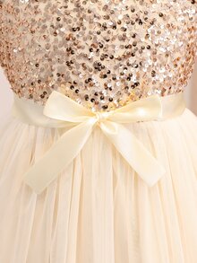 SHEIN Tween Girls Ruched 1pc Girls' Sleeveless Waist-Cinched Mid-Length Mini Dress, 3D Rose With Bow Belt, Graduation - Gold - View 5